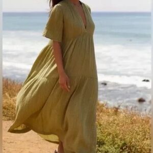 Anthropologie The Kallie Flowy Olive Green Maxi Dress XS Guaze New NWT BOHO HTF